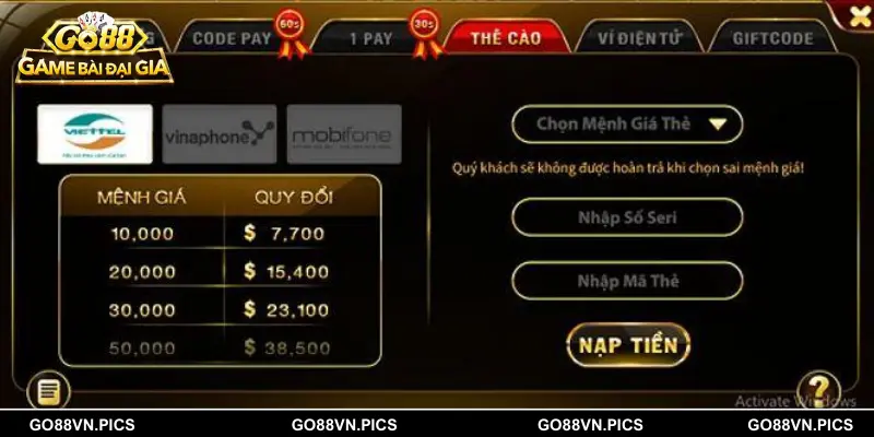Nạp tiền Go88 bằng thẻ cào